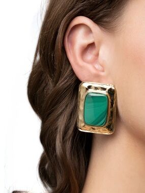 Malachite Rectangle Bold Earrings 24k Gold Plated NWOT